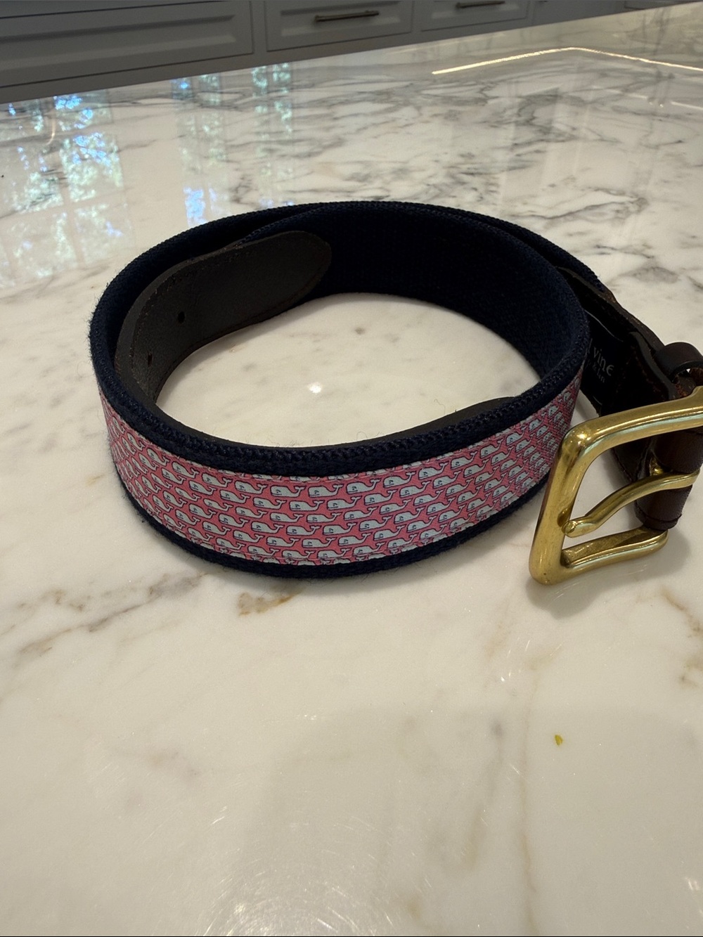 Vineyard Vines Brown Leather Navy & Pink Woven Belt size 30